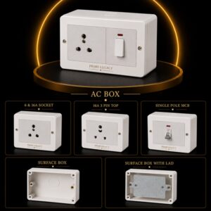 AC Box ( 6 & 16A socket, 16A 3 Pin Top, Sinle Pole MCB, Surface Box with Lad